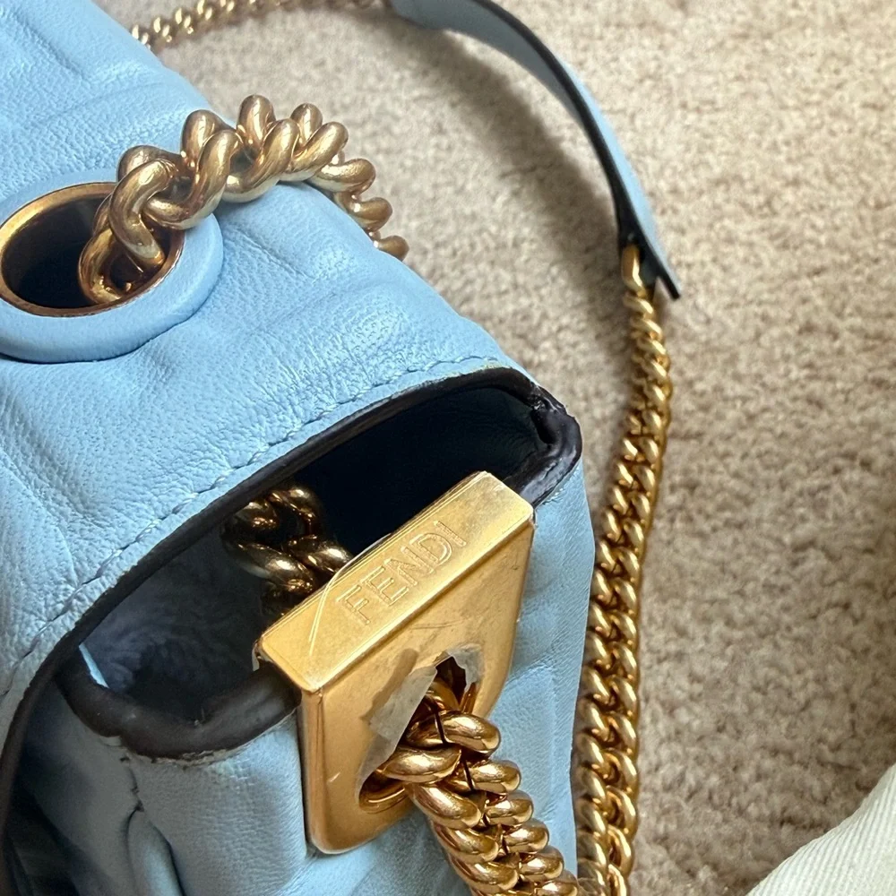 Fendi Light Blue Lambskin Zucca Baguette Gold Chain with Gold Hardware Full Set - Picture 6 of 16